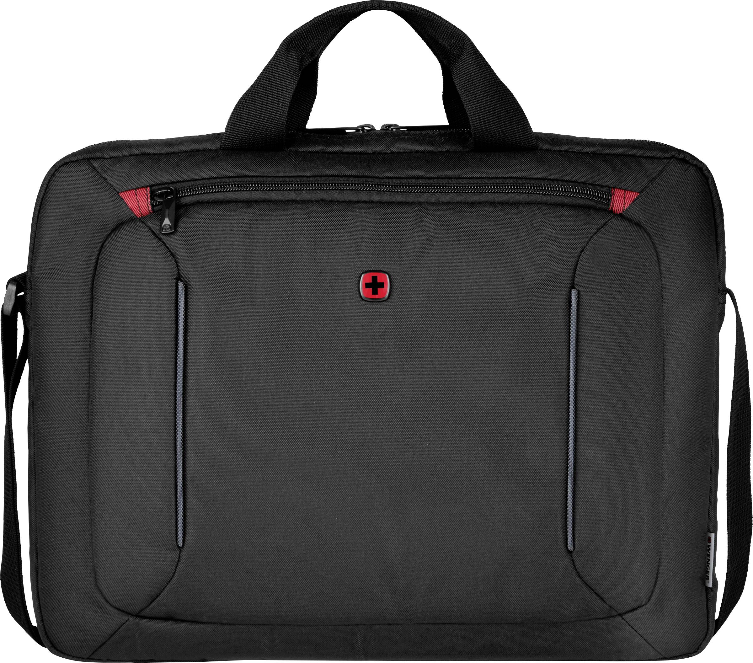 Crna torba za laptop s ručkom i remenom za nošenje, centralnim crvenim logotipom i dvije prednje džepe sa zipom.