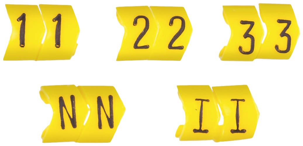 Žute naljepnice sa smeđim tekstom prikazuju nizove brojeva '11', '22', '33' i slova 'NN', 'II'. Naljepnice su položene koso.