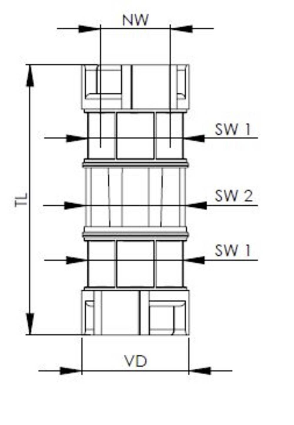 Tehnički crtež dijela s dimenzijama: NW, VD, TL te SW 1 i SW 2 ucrtani. Prikazuje dimenzije i strukturu.