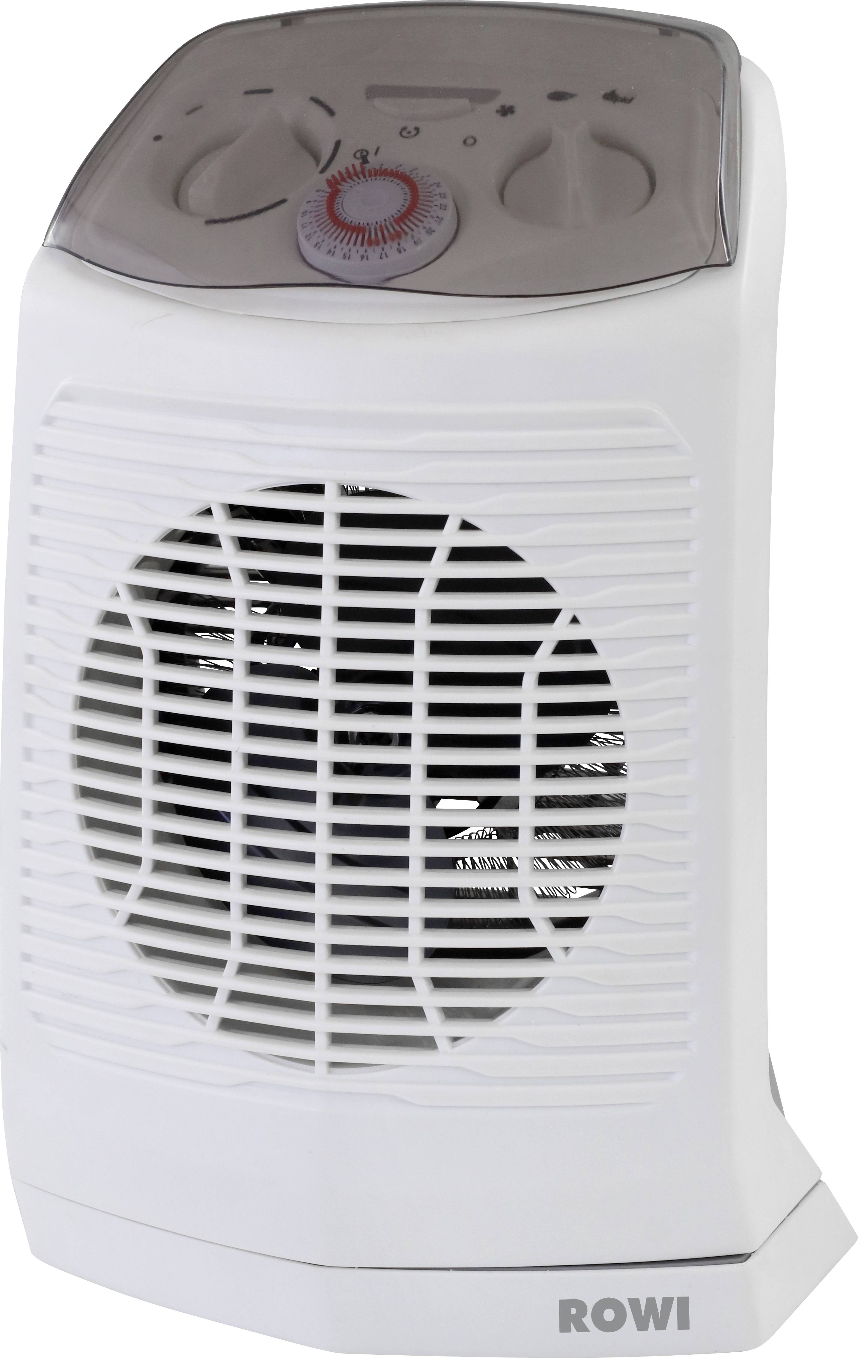 Bijeli grijaći ventilator s okretnim regulatorom i rešetkom za ventilaciju, pogodan za brzo zagrijavanje malih prostora.