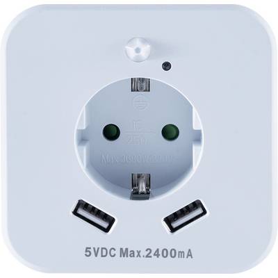 Bijela utičnica s dva USB priključka, podesiva za 5V DC, maksimalno 2400mA, te maksimalno 3680W pri 230V.