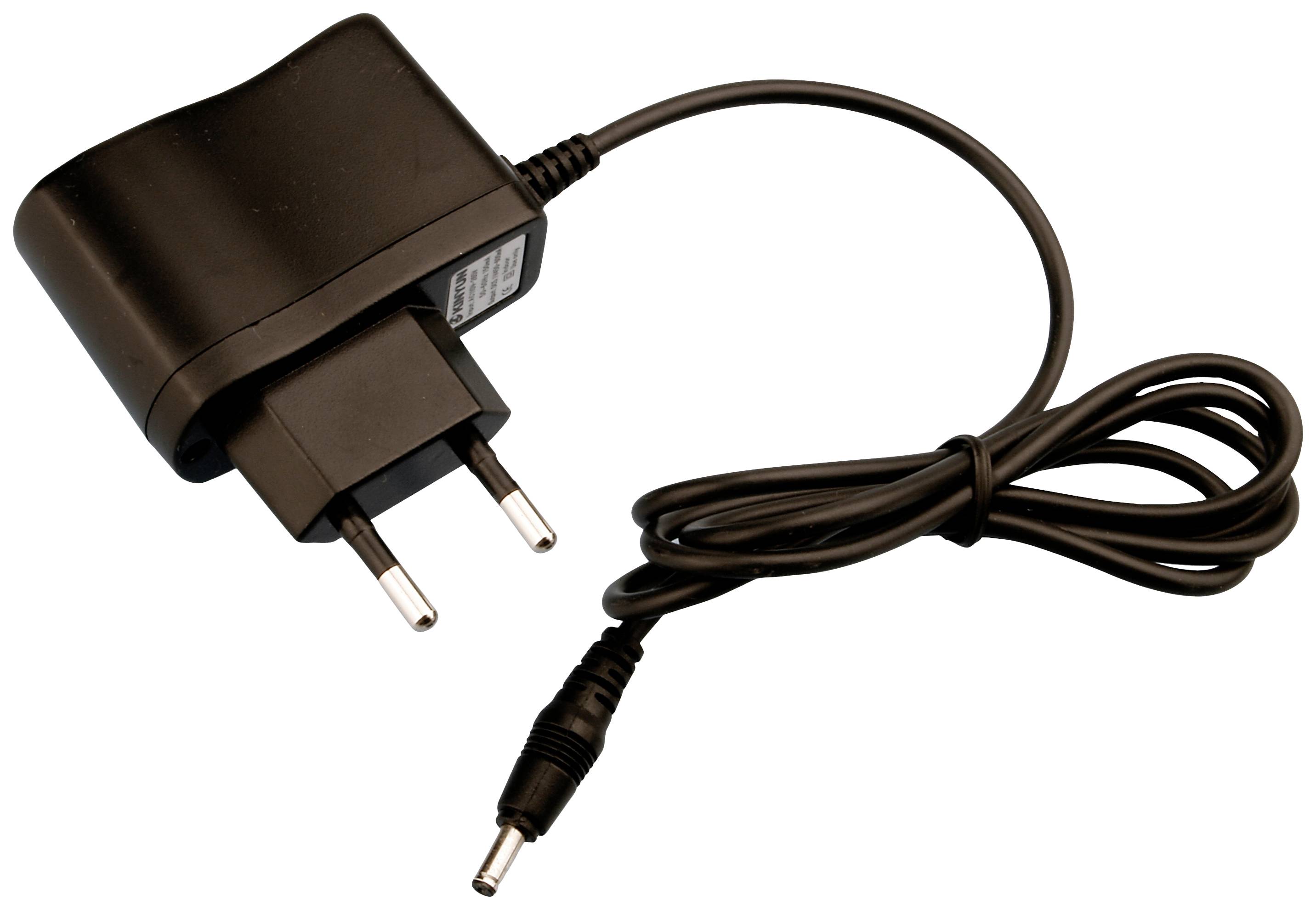 Crni mrežni adapter s europskim utikačem i dugim kabelom, LED indikator. Pogodan za male elektroničke uređaje.