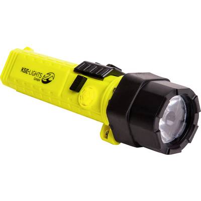 Žuta baterijska lampa s crnom glavom i kopčom, sa strane otisnuto 'KSE-LIGHTS GmbH'.