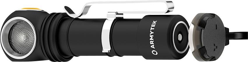 Kompaktna crna baterijska lampica s bočnom kopčom i magnetskim kabelom za punjenje. Oznaka 'Armytek'.