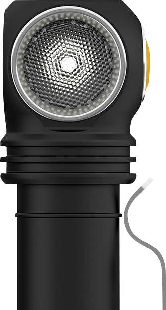 Crna baterijska lampa s velikim, okruglim LED glavom i narebranom ručkom. Sivi kabel visi sa strane.