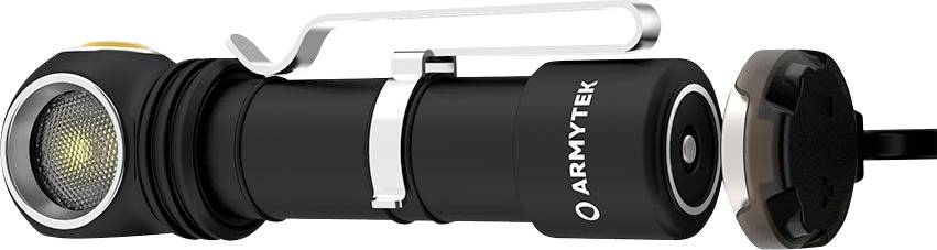 Crna baterijska lampica marke 'Armytek' s uklonjivim magnetskim zatvaračem i kopčom, podesna za raznovrsne primjene.
