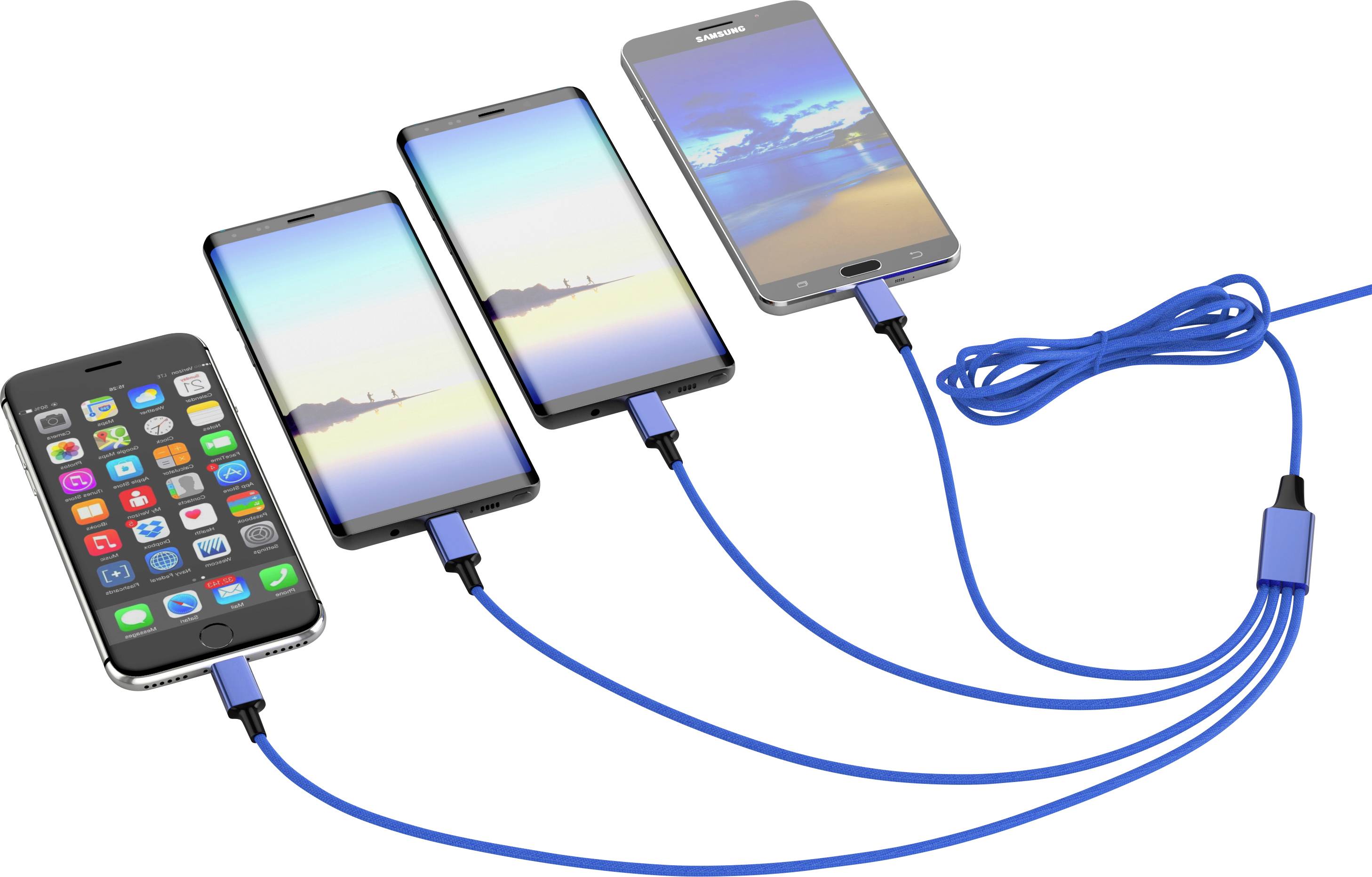 Četiri pametna telefona istovremeno se pune pomoću plavog USB multi-punjača. Uređaji prikazuju različite zaslone.