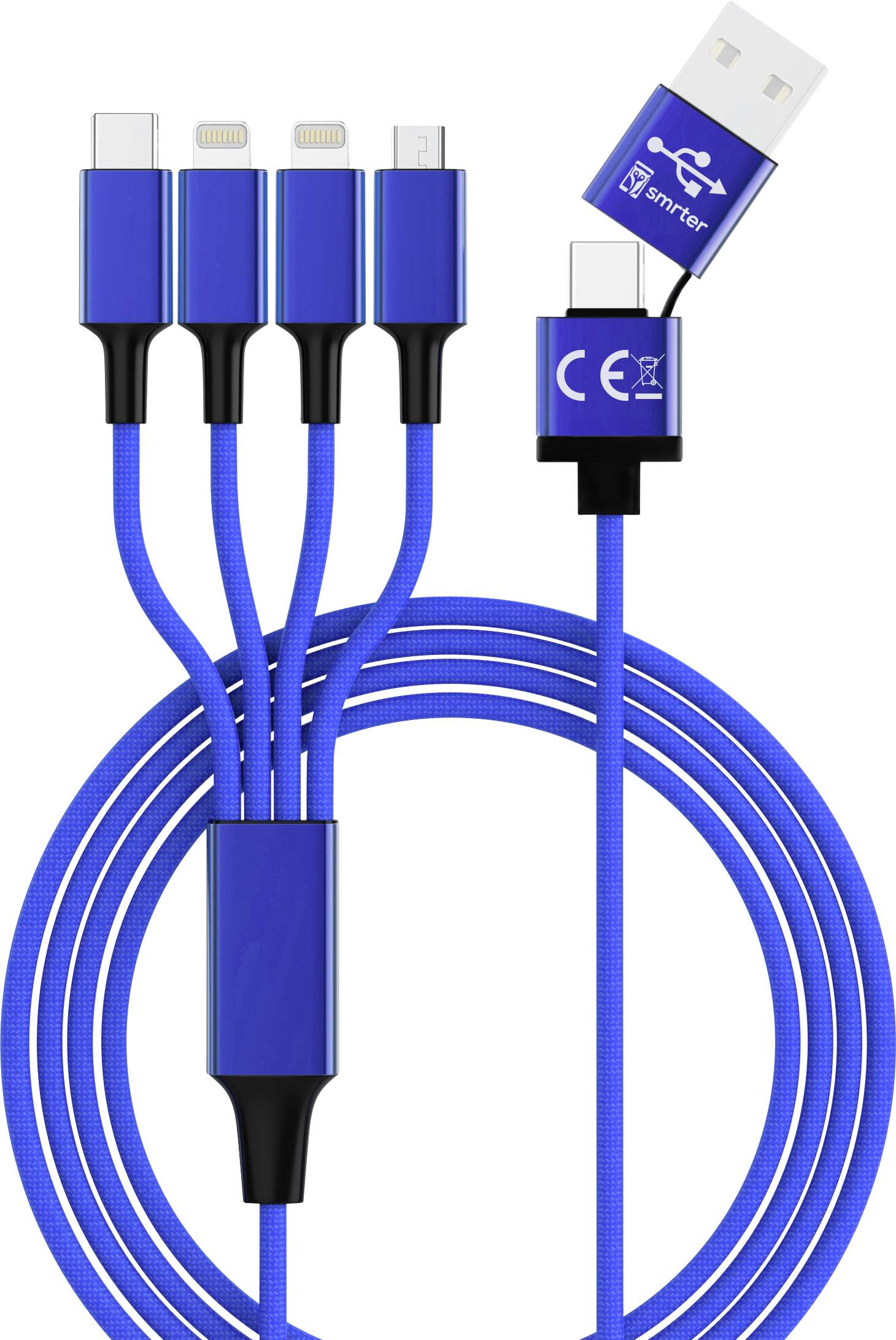 Višestruki USB kabel u plavoj boji s četiri različita priključka: USB-C, Lightning, Micro-USB i USB-A.