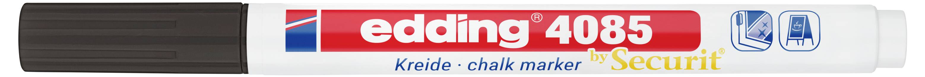 Bijeli marker Edding 4085 od krede s crnom kapom, označen kao "edding 4085 Kreide-chalk marker by Securit".