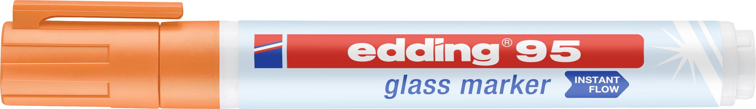 Edding 95 marker za staklo s narančastom kapom i plavom etiketom. Pogodan za pisanje po staklu, s natpisom 'Instant Flow'.
