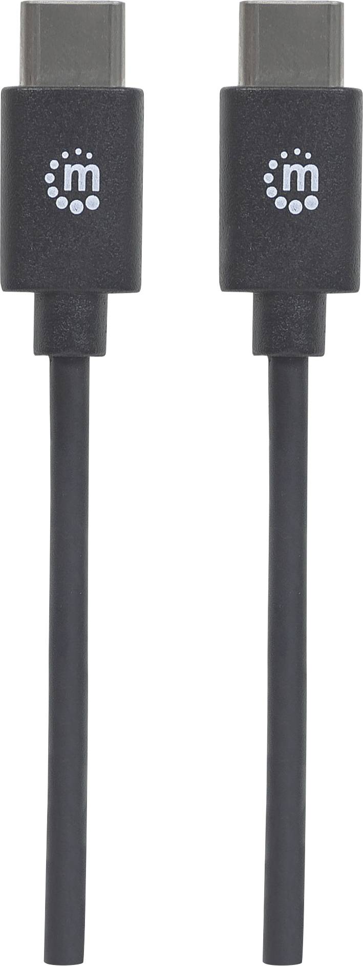 Dva crna HDMI kabela s USB-C utikačima, svaki s bijelim kružnim uzorkom i slovom 'm' na utikačima.