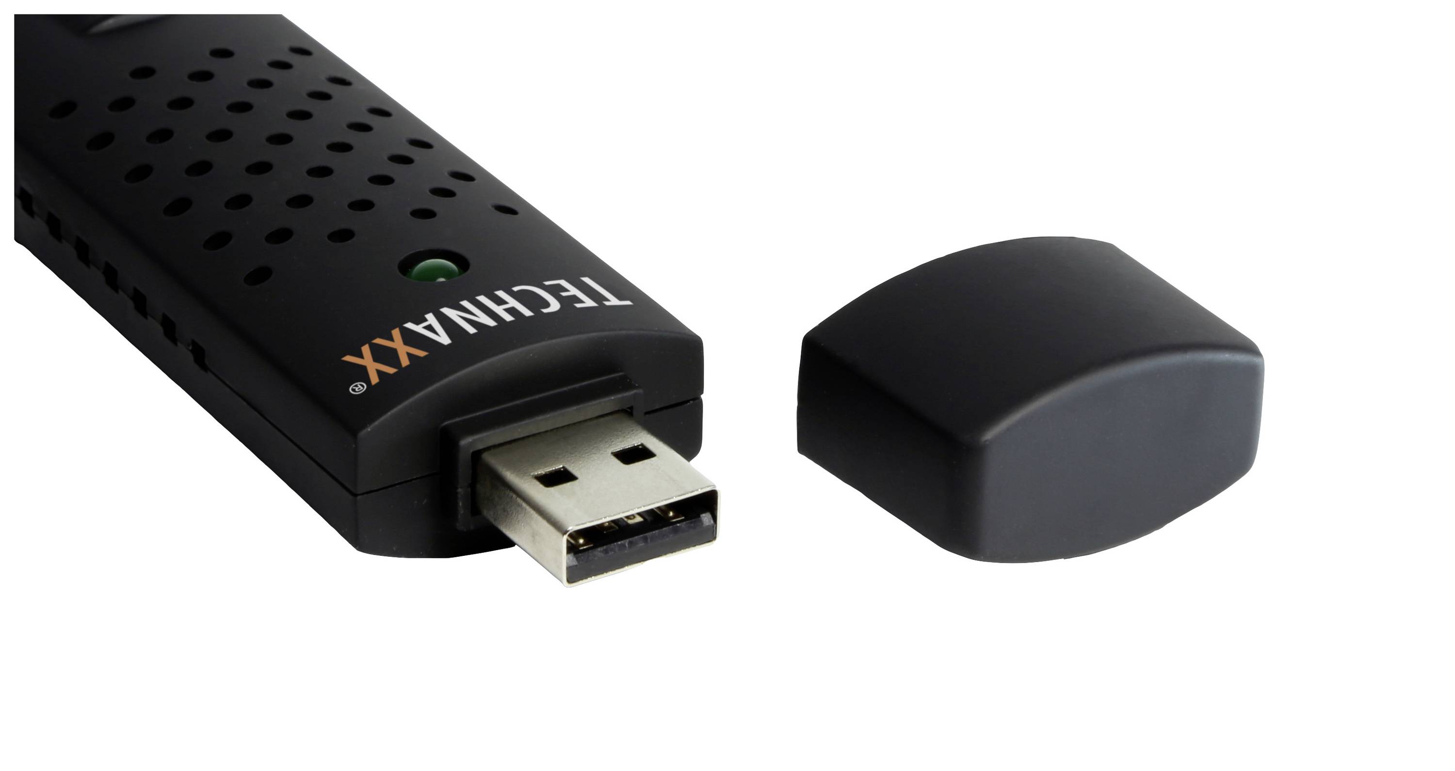 Crni USB stick sa skidenim poklopcem, prikazuje USB utikač. Natpis 'TECHNAXX'. Standardni dizajn, pogodan za računala.