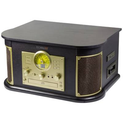 Radio u vintage stilu s ugrađenim satom i zvučnicima. Prednja strana s kontrolnim elementima i kazetnim player-om.