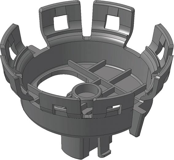 3D-model okruglog tehničkog komponenta s brojnim otvorima i potpornim gredama. Shematski prikaz za inženjerske primjene.