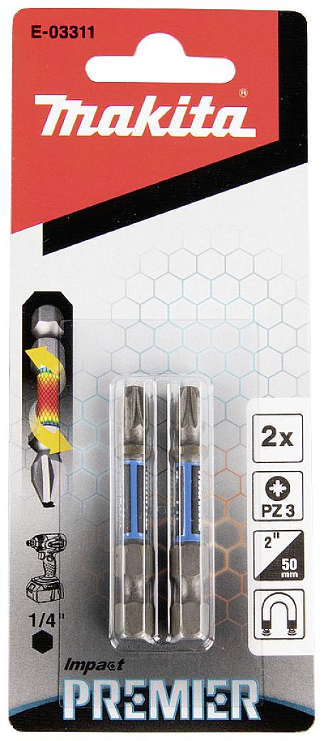 Makita Impact Premier Bitovi PZ3, 2 komada, 50 mm, za odvijač, u pakiranju. Pakiranje prikazuje proizvod i upute.