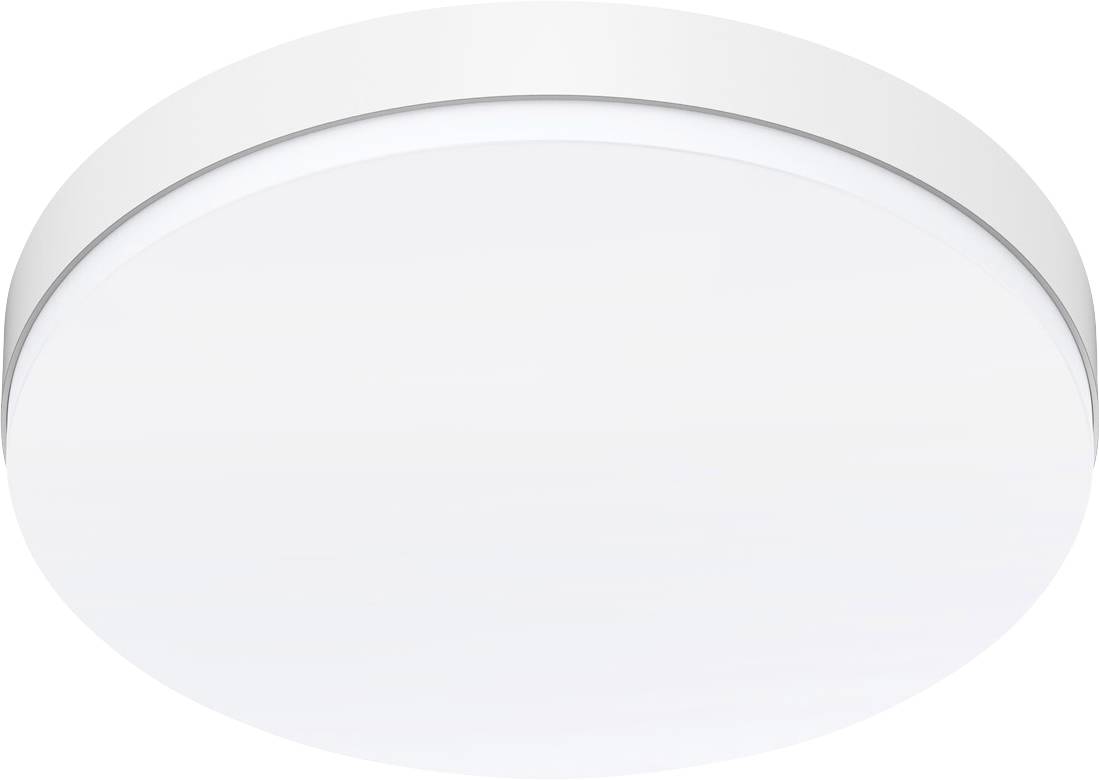 Okrugla bijela plafonska lampa s glatkom, ravnom difuzusom i sitnom sivom obodobom.