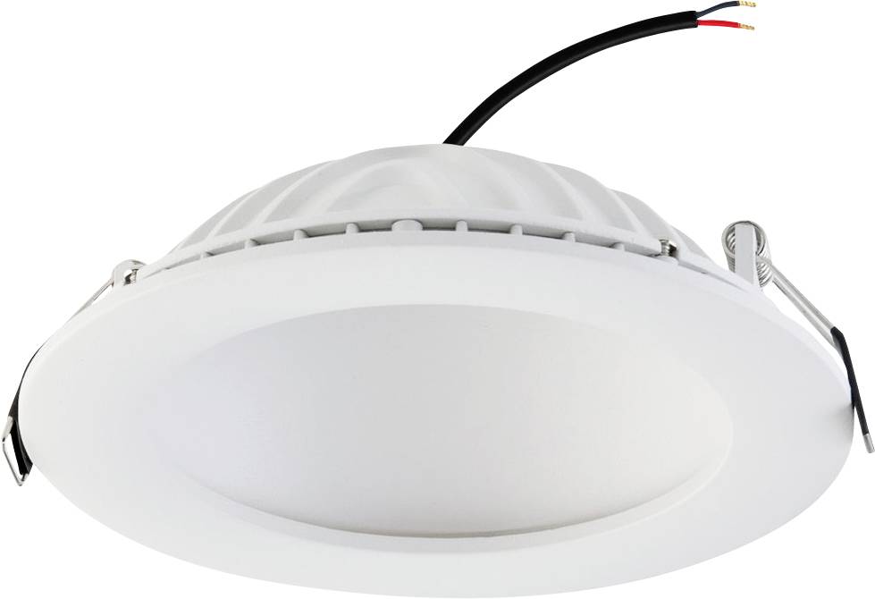 Okrugla ugradbena LED stropna lampa sa priloženim crnim kablom, prikazana odozdo na bijeloj pozadini.