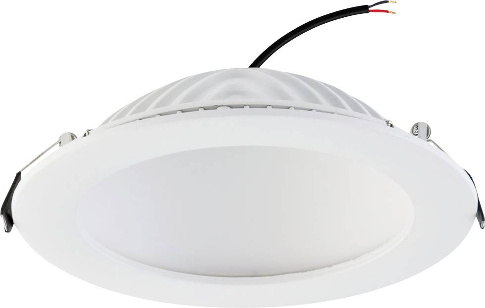 Okrugla bijela LED stropna lampa s priključenim napojnim kablovima na neutralnoj pozadini.