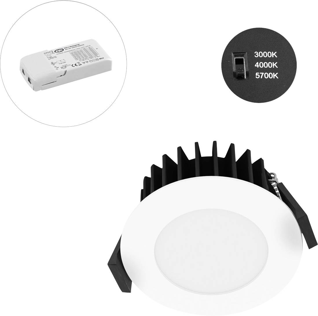 Ugrađena LED downlight sa crnim hladnjakom, prikazana sa drajverom i prekidačem za odabir boje od 3000K/4000K/5700K.