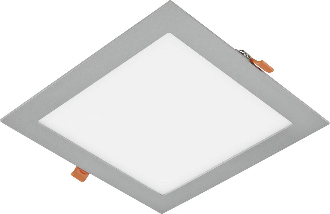 Kvadratna LED stropna panelna lampa uronjena u strop sa sivim okvirom i belim difuzorom, prikazana na beloj pozadini.