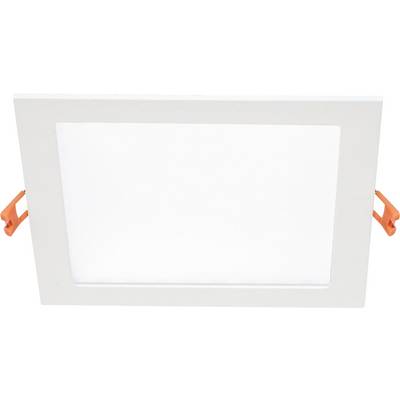 Bijela kvadratna LED stropna lampa s narančastim držačima sa strana, na bijeloj pozadini.