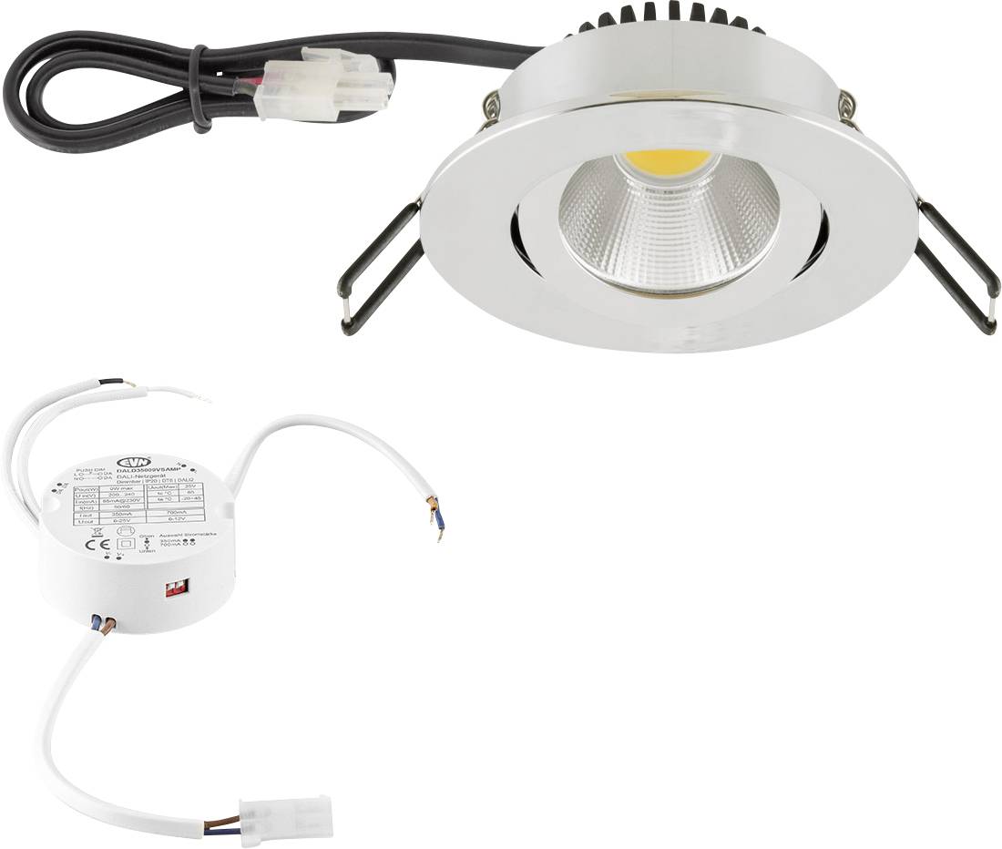 LED ugradbeni set downlight-a s okruglom srebrnom maskom, drajverom i ožičenjem prikazano u prednjim i stražnjim pogledima