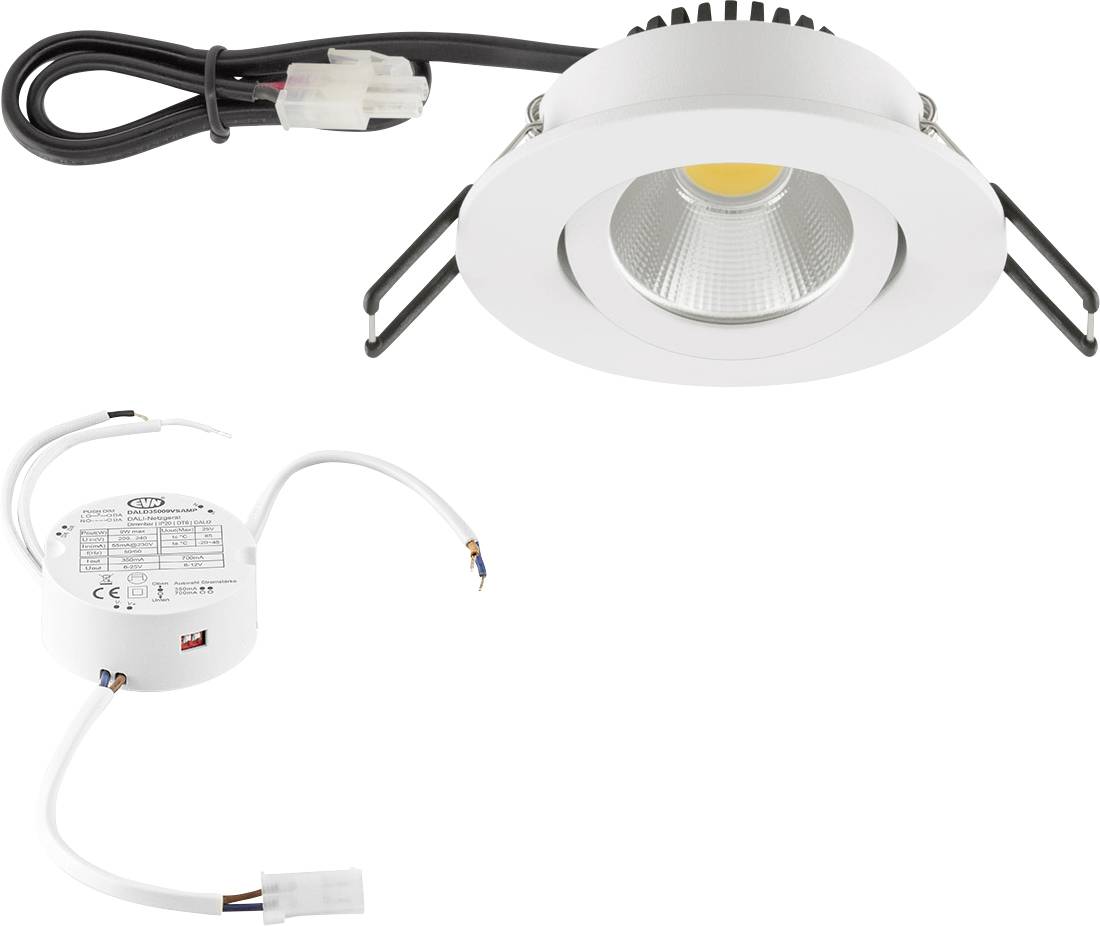 Bijelo ugrađeno LED downlight svetlo sa oprugama za stezanje, prikazujući prednju lampu i odvojeni uređaj za napajanje sa pripojenom kablažom.