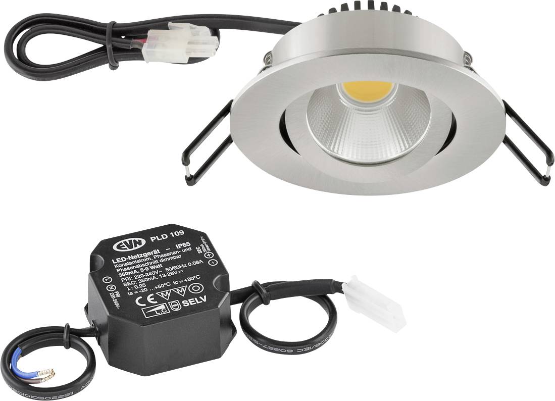 Utonuti LED downlight komplet sa srebrnom oblogom, priključenim strujnim kablom i odvojenim crnim upravljačem sa ožičenjem.