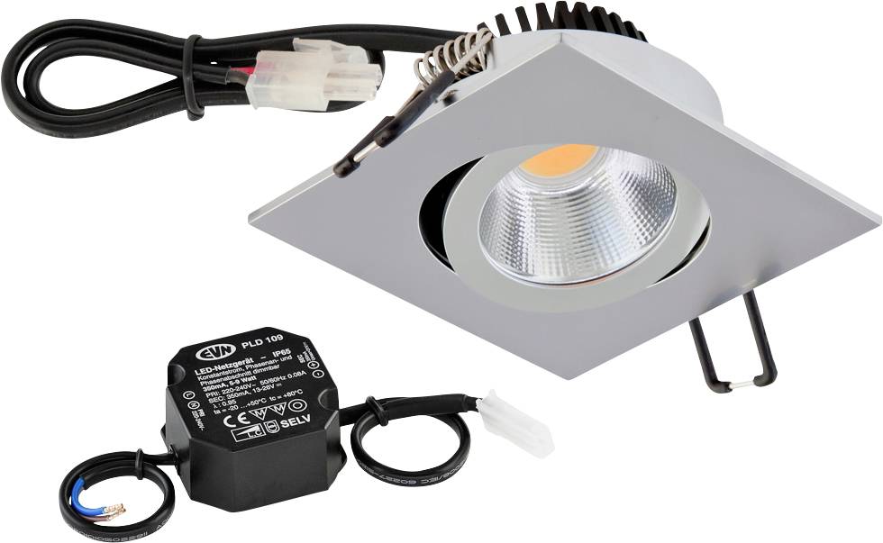 Ugrađeni LED downlight komplet sa kvadratnim srebrnim okvirom, priloženom kablažom, oprugama za pričvršćivanje i odvojenim crnim modulom upravljača na bijeloj pozadini.