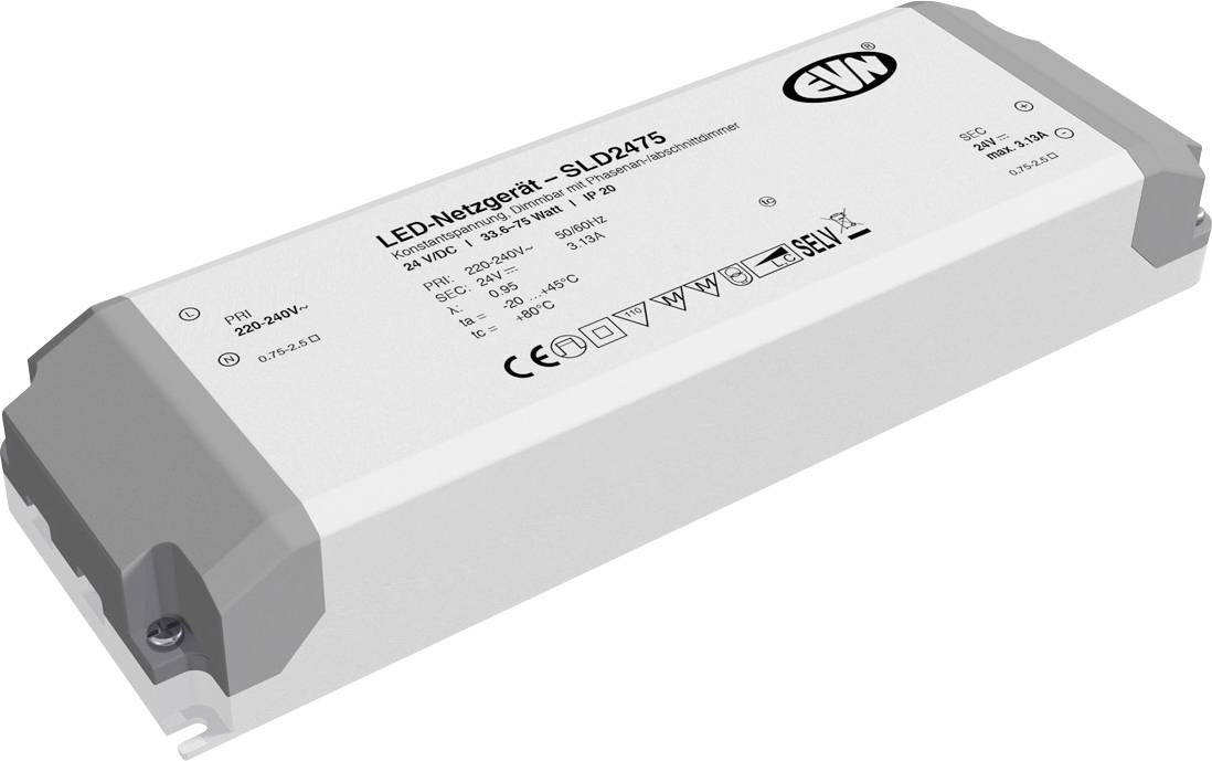 Napajač za bijele LED diode označen kao 'LED-Netzgerät - SLD2475', prikazan kao pravokutni metalni modul s sivim krajnjim kapama i montažnim ušicama.