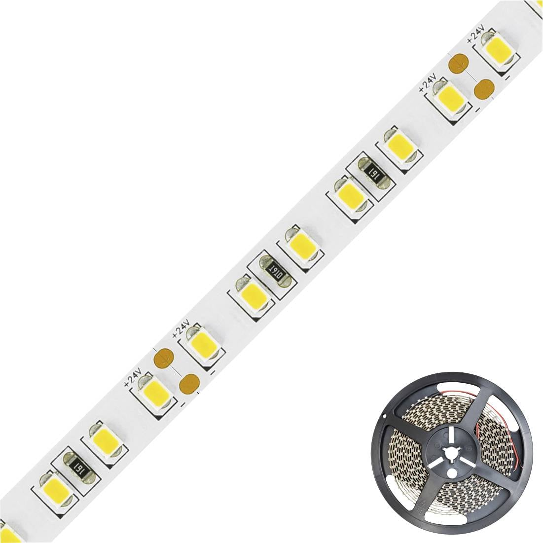 LED traka s bijelim svjetlima u bliskom kadru, pokraj koje se nalazi zamotana špula sa sličnim LED žaruljama.