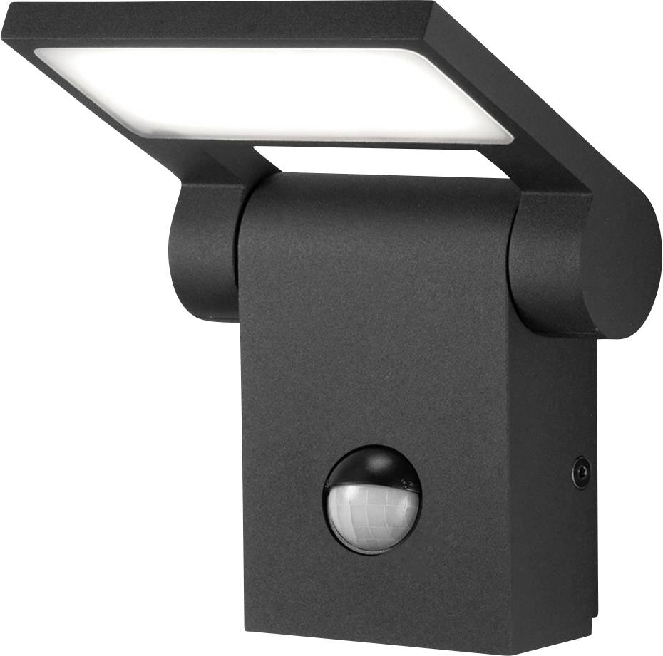 Crna vanjska LED sigurnosna lampa s detektorom gibanja i kutnom pravokutnom lampom na zidnom priklopu.