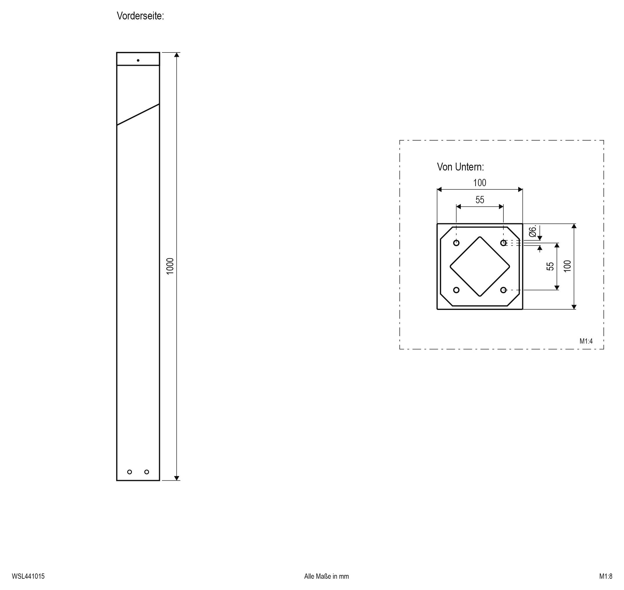 Tehnički crtež pravokutnog stupa visine 1000 mm, prikazan s prednjim i donjim pogledom s dimenzijama montažnih otvora u milimetrima.