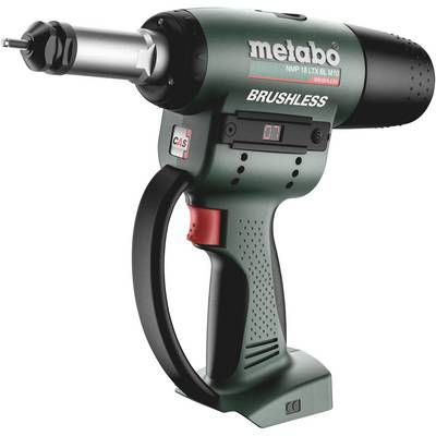 Zeleni akumulatorski set za zakivanje s natpisom 'metabo' i 'BRUSHLESS'. Prikazuje robustan, ergonomski ručaj i LED zaslon. Idealan za radove s metalom.