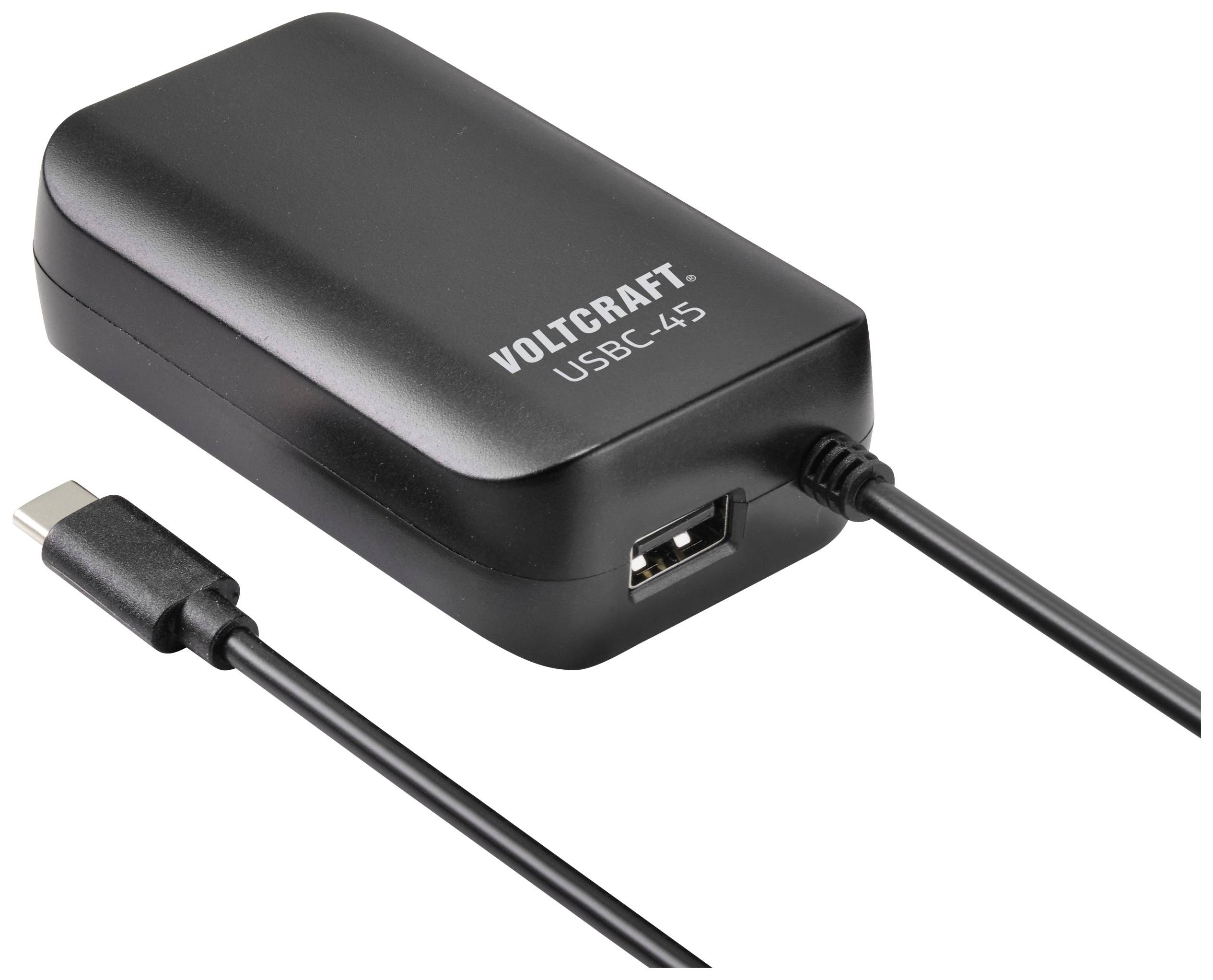 Crni USB-C punjač s natpisom 'Voltcraft USBC-45' i USB-C kabelom za povezivanje. Pogodan za punjenje elektroničkih uređaja.