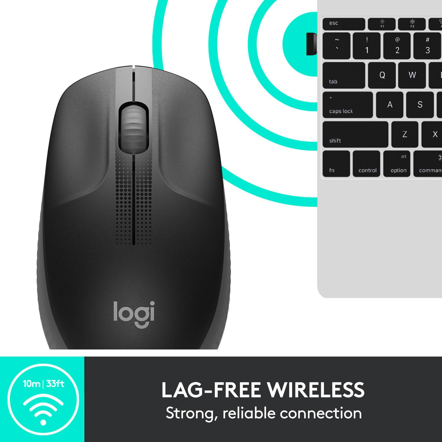 Bežični Logitech miš pored laptop tipkovnice, reklamira stabilni, bez kašnjenja 10m signal za pouzdanu izvedbu.