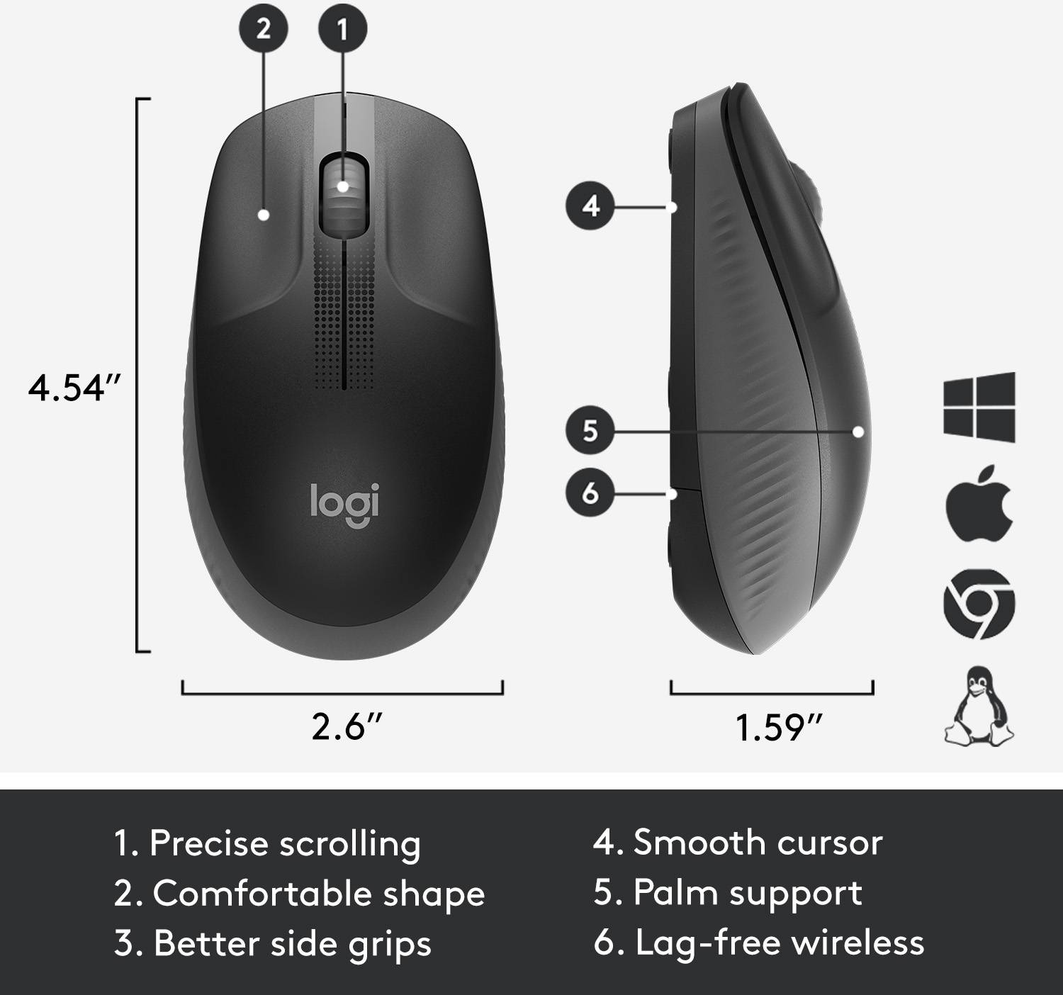 Crna bežična miš ergonomskog dizajna, sa straničnim ručkama i pet tipki. Kompatibilna s Windows, macOS i Linux operativnim sustavima.
