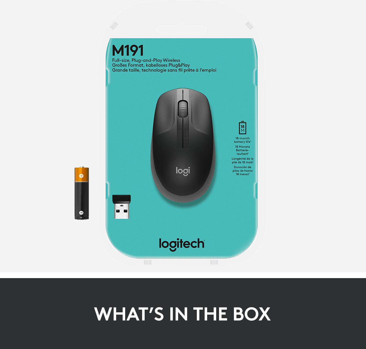 Bežični miš i USB prijemnik na ambalaži marke 'Logitech M191', pored kojeg se nalazi baterija.