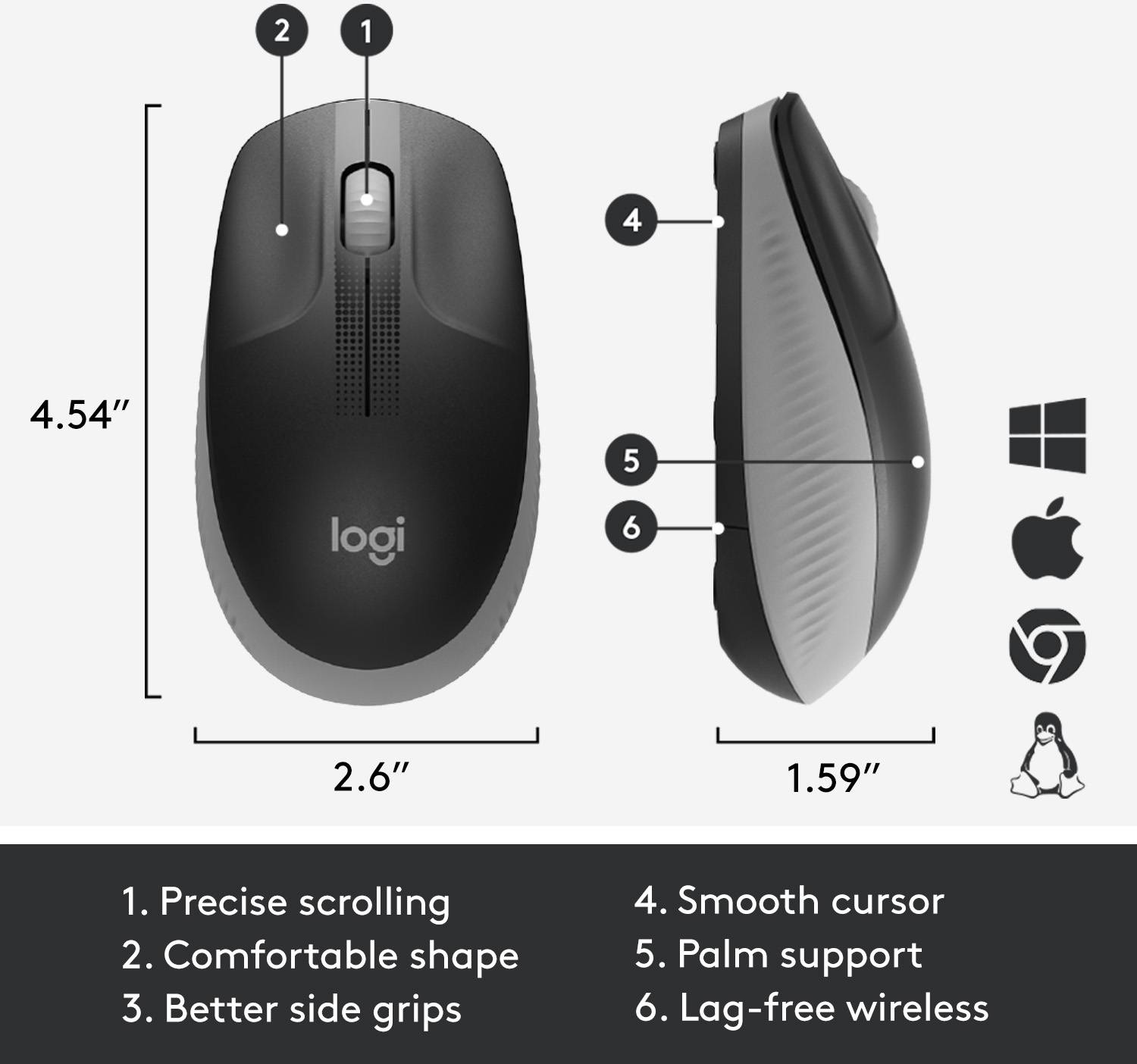 Siva bežična računalna miš s ergonomskim dizajnom: precizno klizanje, glatko pomicanje kursora, potpora za dlan.