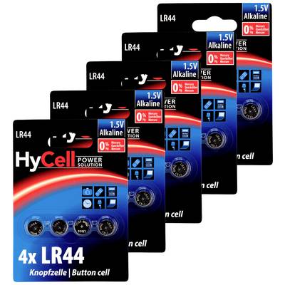 Pet pakiranja HyCell LR44 gumbastih baterija. Svako pakiranje sadrži četiri 1,5 V alkalijske baterije. Pogodno za male uređaje.