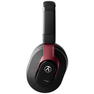 Crni i crveni over-ear slušalice s logotipom na školjci uha. Moderan, elegantan dizajn.