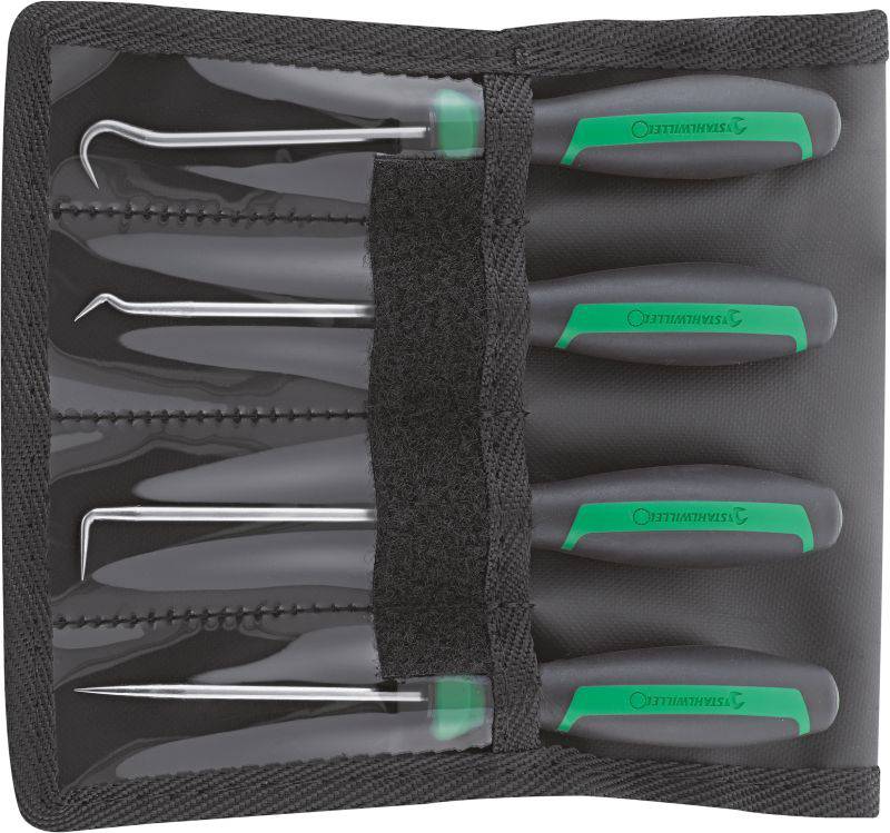 Set alata s pet precizijskih kuka u crnoj torbi. Zelene ergonomske ručke, pogodne za fine zanatske radove.