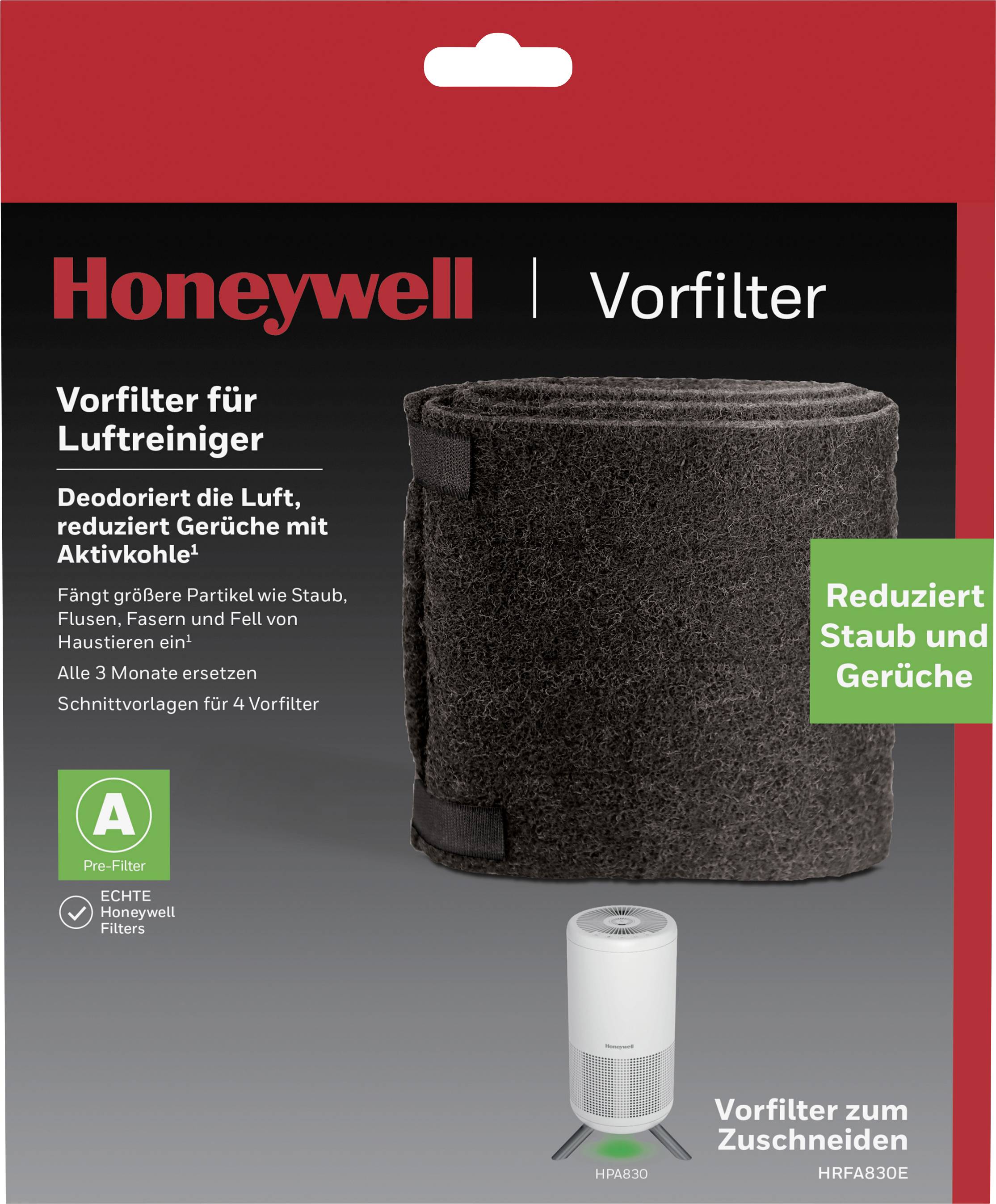 Honeywell filter predfilter u pakiranju s prikazom filtra i pročistača zraka. Tekst naglašava smanjenje mirisa pomoću aktivnog ugljena.