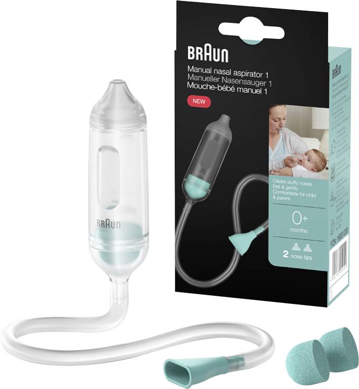 Ručni nosni aspirator marke Braun s pakiranjem, pogodan za bebe od 0 mjeseci. Sadrži dva nastavka za nos i meki vrh.