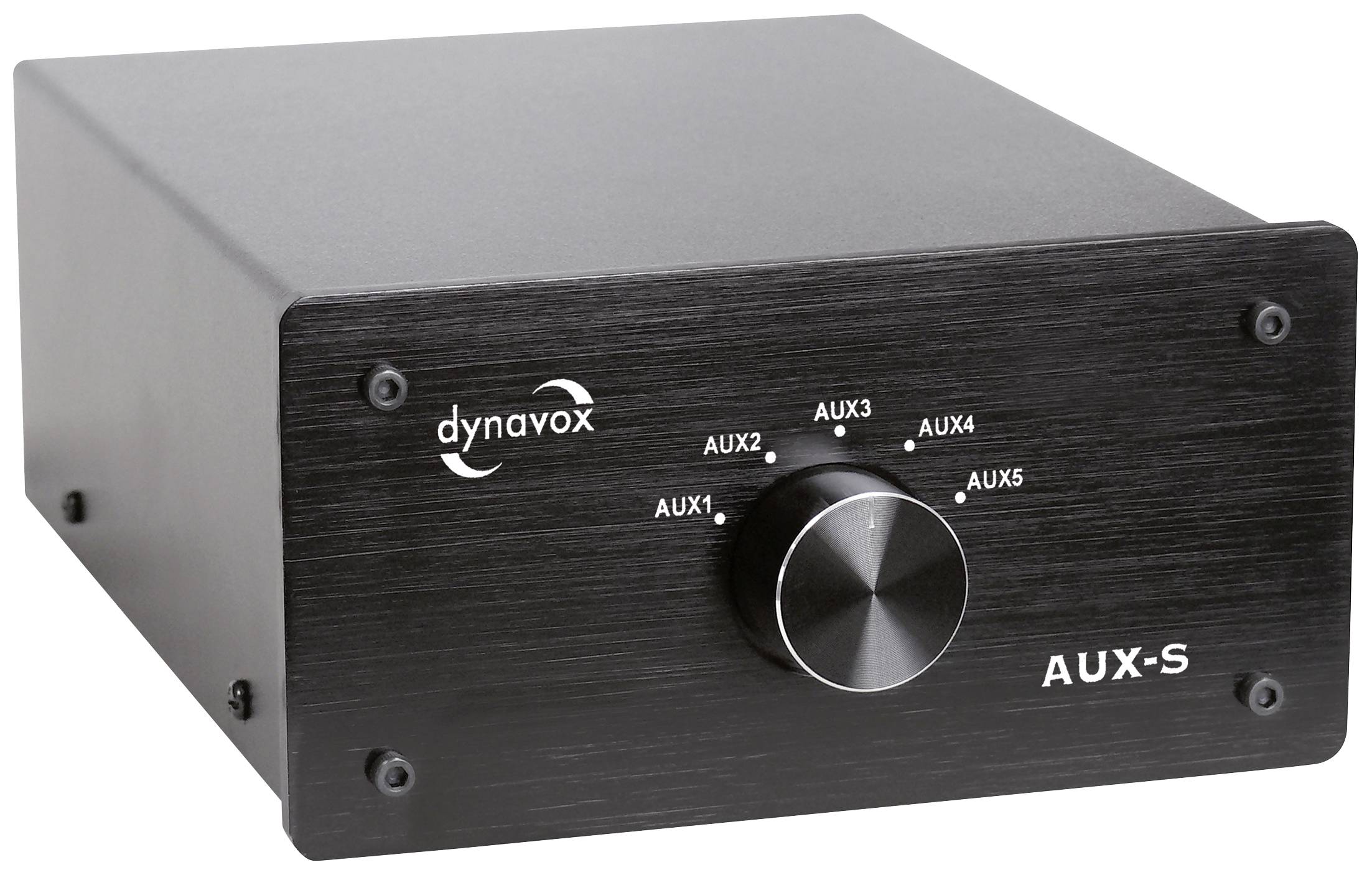 Crni audio predpojačalo s okretnim regulatorom i pet AUX priključaka, označen natpisima 'dynavox' i 'AUX-S'.