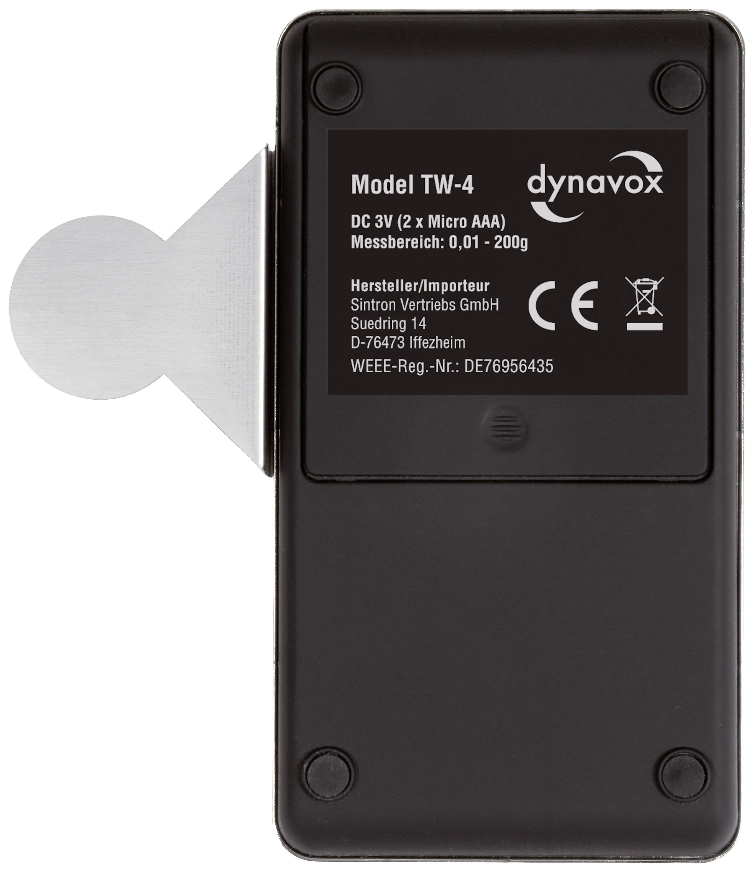 Crna digitalna vaga 'dynavox Model TW-4' sa srebrnim kukom. Mjerno područje: 0,01-200g. Proizvođač: Sintron Vertriebs GmbH, Ifzheim.