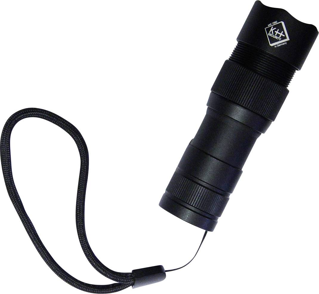 Crna LED baterijska lampa s ručnom trakom, kompaktna i čvrsta, pogodna za aktivnosti na otvorenom.