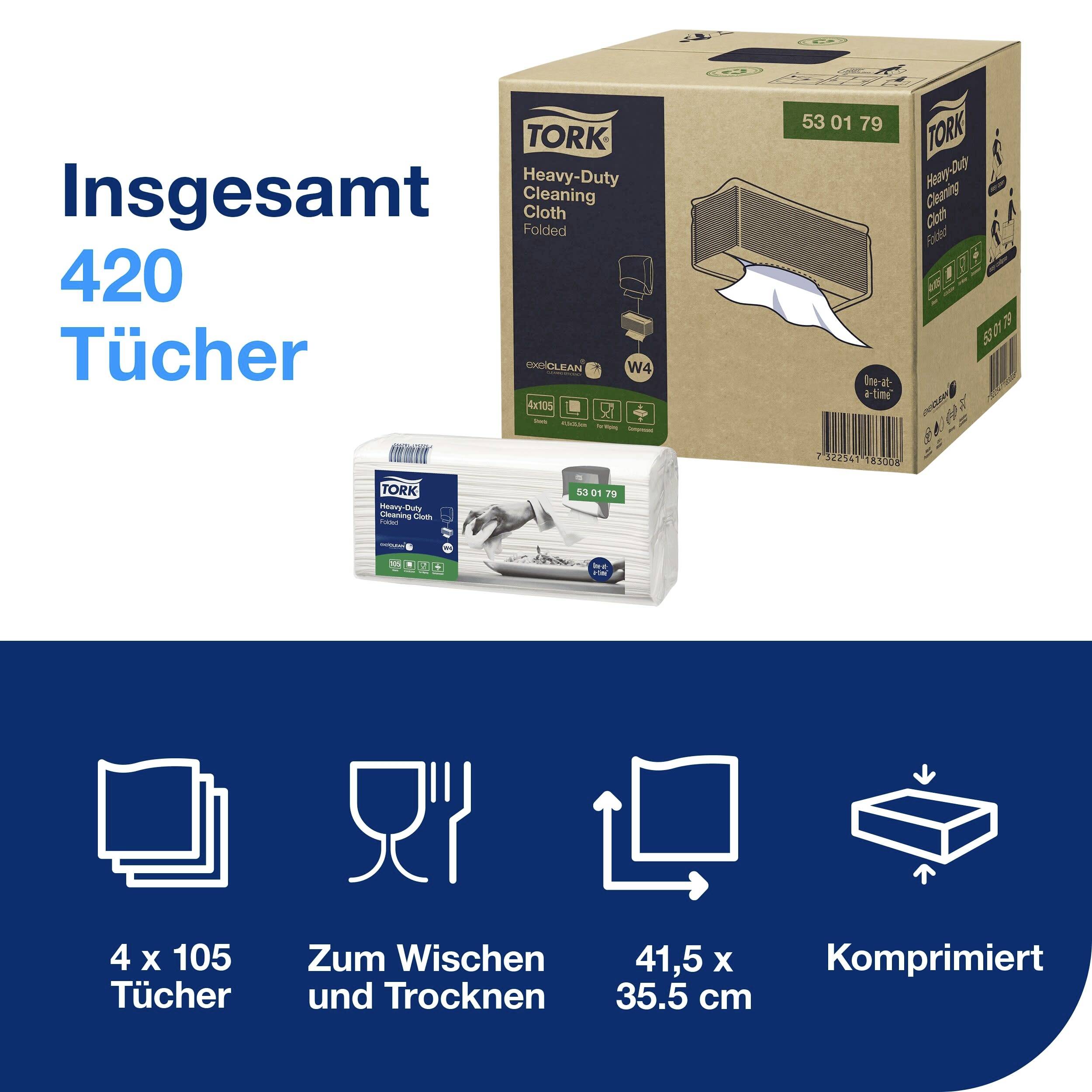 Jedan karton i manji paket s čistačkim krpama 'Tork Heavy-Duty Cleaning Cloth'. Ukupno 420 krpa. 4 paketa po 105 krpa.