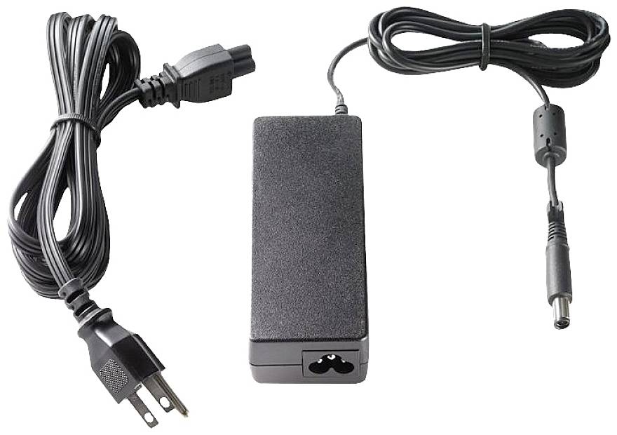 Pravokutni mrežni adapter s mrežnim kabelom i utikačem na lijevoj strani te izlaznim kabelom s utikačem na desnoj strani.