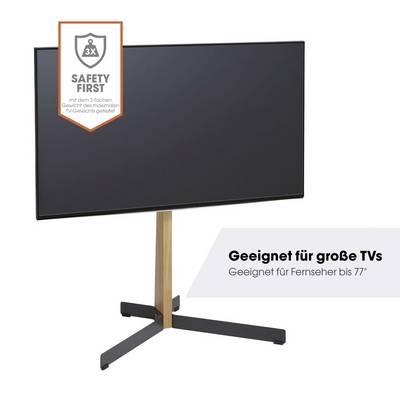 Postolje za TV s crnim zaslonom i drvenim i metalnim postoljem u obliku križa. Tekst: 'Pogodno za velike TV-e do 77"' i 'Sigurnost na prvom mjestu'.